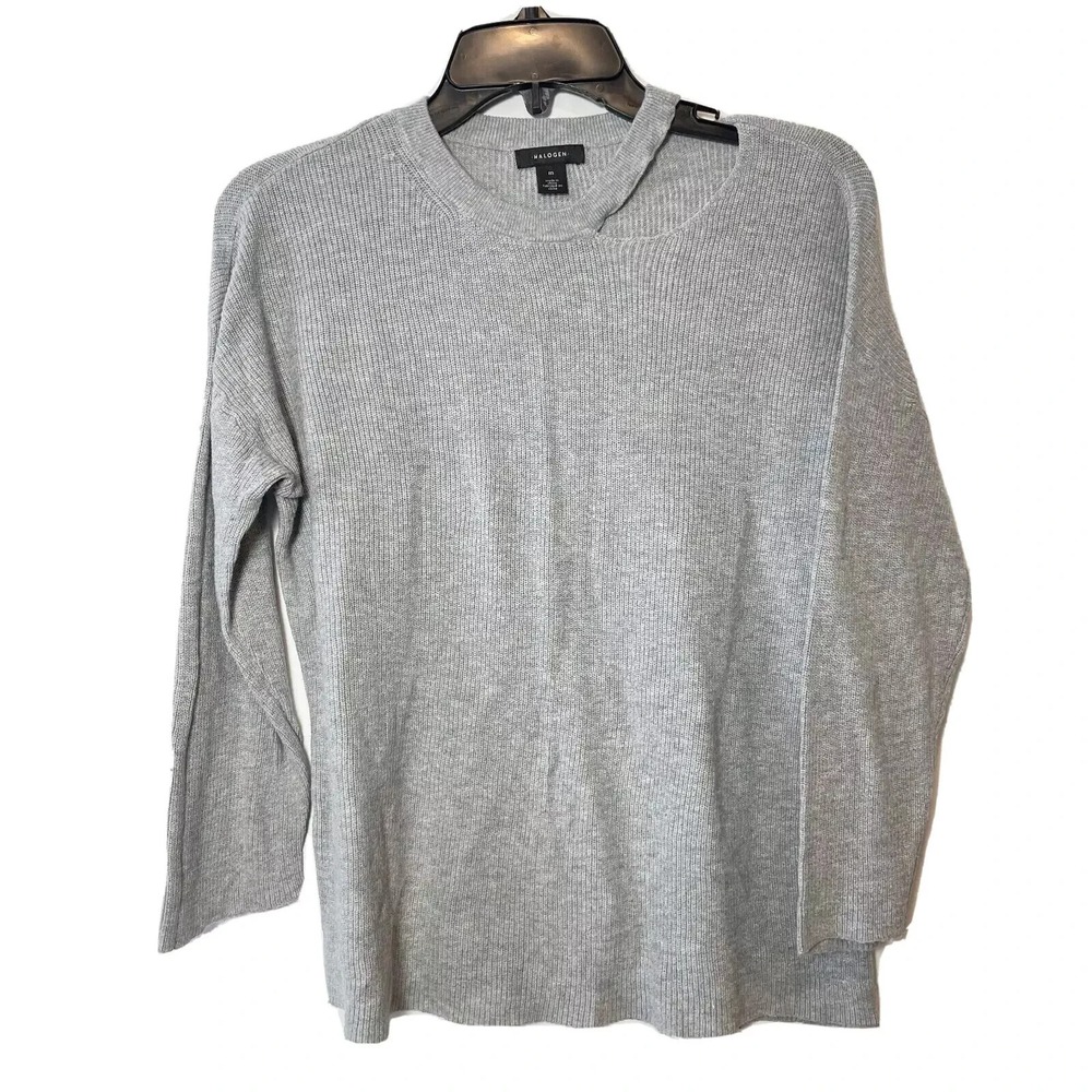 Halogen‎ Pullover Sweater Womens Size M Gray Heather Knit Slit Cutout Neck Hole
